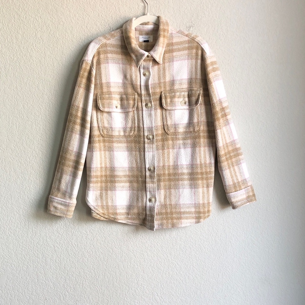 American Eagle Oversized Plaid Fleece and Love Shacket Shirt Jacket Tan